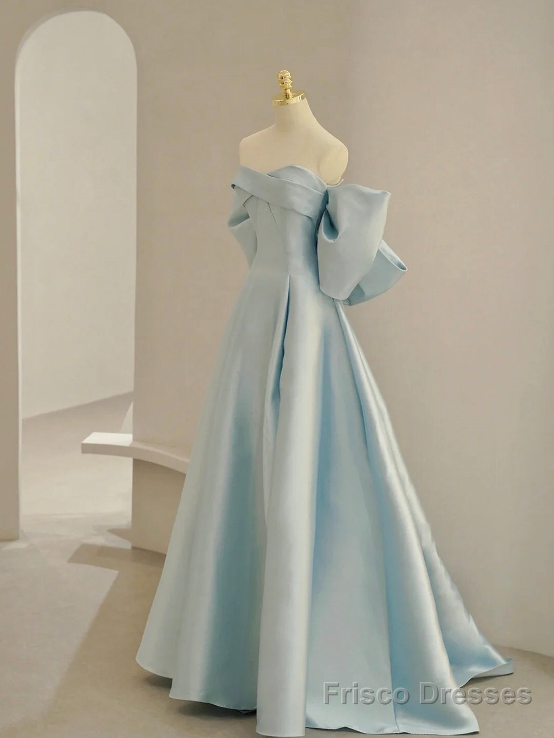 Charming Blue Satin Long Prom Dress with Big Bow, A-Line Sweetheart Neck Formal Dress Main image