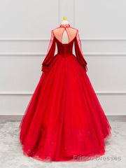 Red Velvet Tulle Floor Length Prom Dress, Beautiful Long Sleeve Evening Party Dress