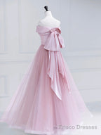 Pink Satin Tulle Long Prom Dress, Pink Off Shoulder Evening Dress