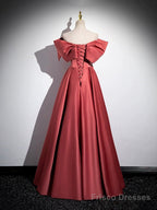 Beautiful Satin Off Shoulder Long Party Dress, A-Line Pearl Floor Length Prom Dress