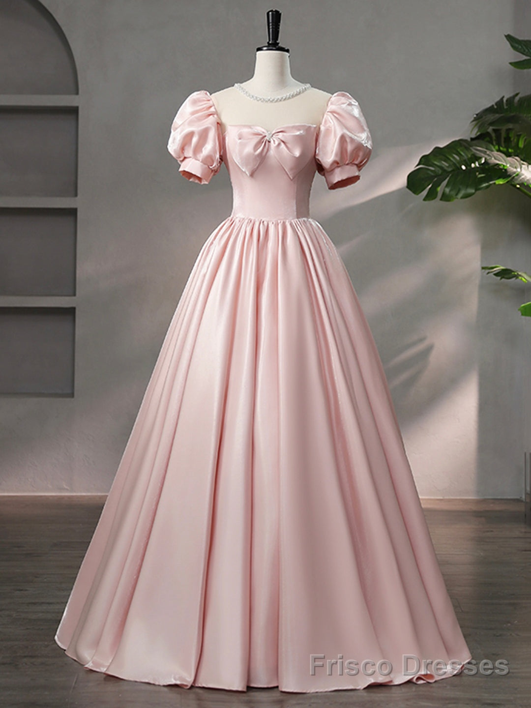 Beautiful Pink Scoop Neck Satin Floor Length Prom Dress, A-Line Short Sleeve Evening Dress with Bow Secondary image