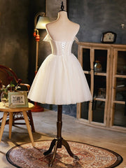 Light Champagne Strapless Tulle Short Prom Dress, Beautiful A-Line Evening Party Dress