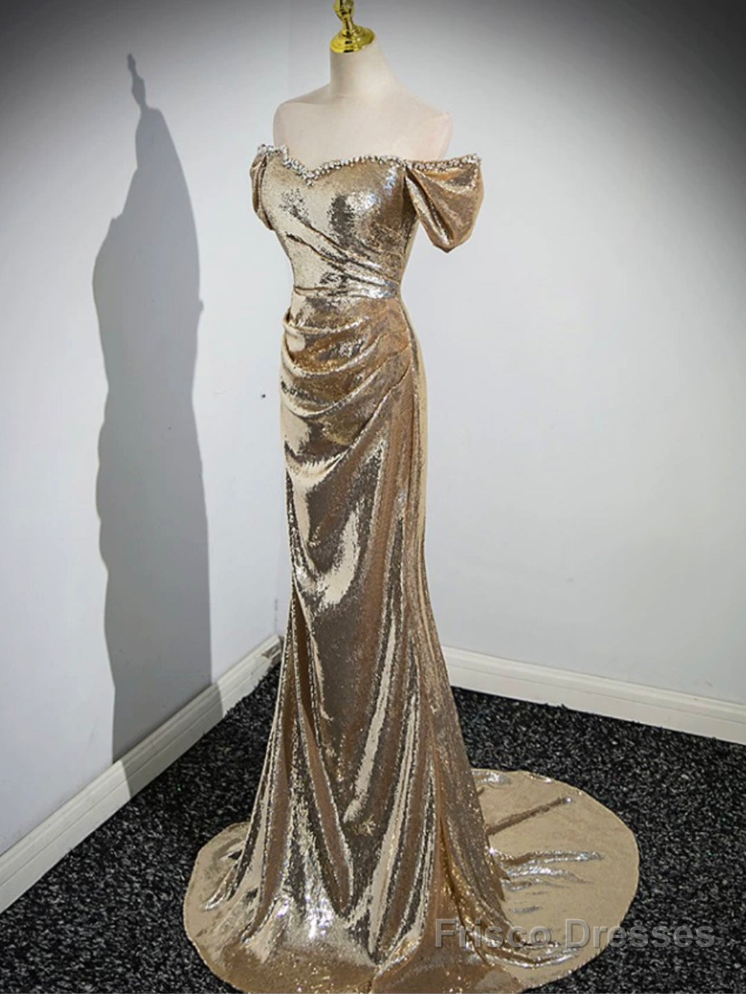 Gold  Sequins Floor Length Prom Dress, Mermaid Off the Shoulder Evening Party Dress Secondary image