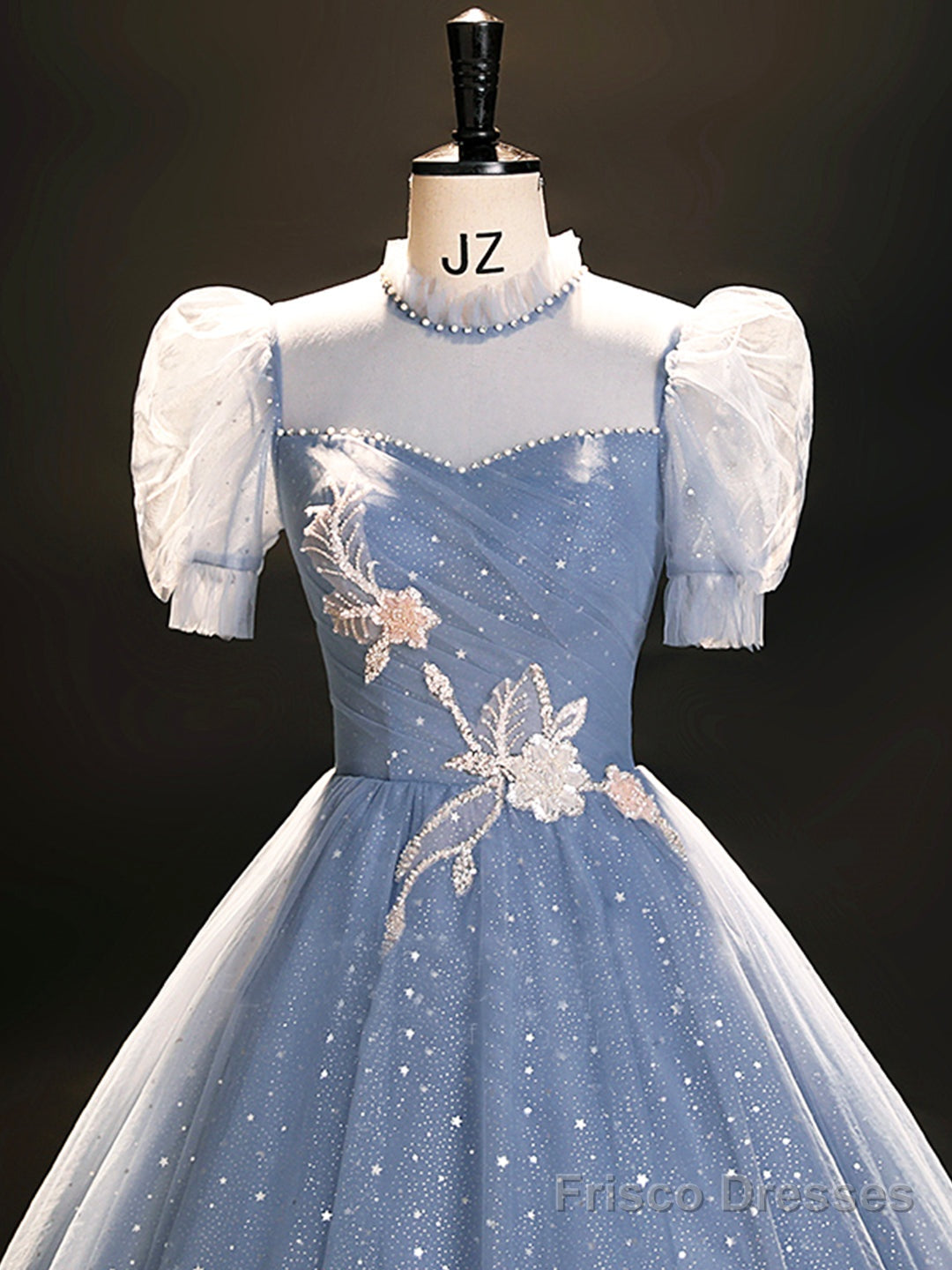 Blue Tulle Long A-Line Prom Dress, Beautiful Short Sleeve Evening Party Dress Secondary image