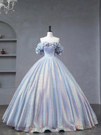Blue Tulle Sequins Long Formal Dress, Off the Shoulder Princess Dress Sweet 16 Dress