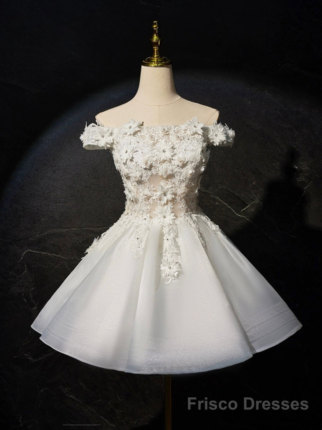 White Flowers Lace Short Prom Dress, Lovely A-Line Evening Party Dress