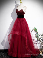 Burgundy Spaghetti Strap Tulle Long Corset Prom Dress, A-Line Evening Party Dress