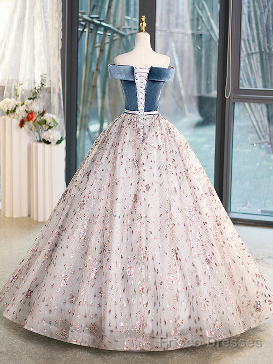 Blue Velvet and Tulle Long Prom Dress, Off Shoulder Evening Dress Party Dress