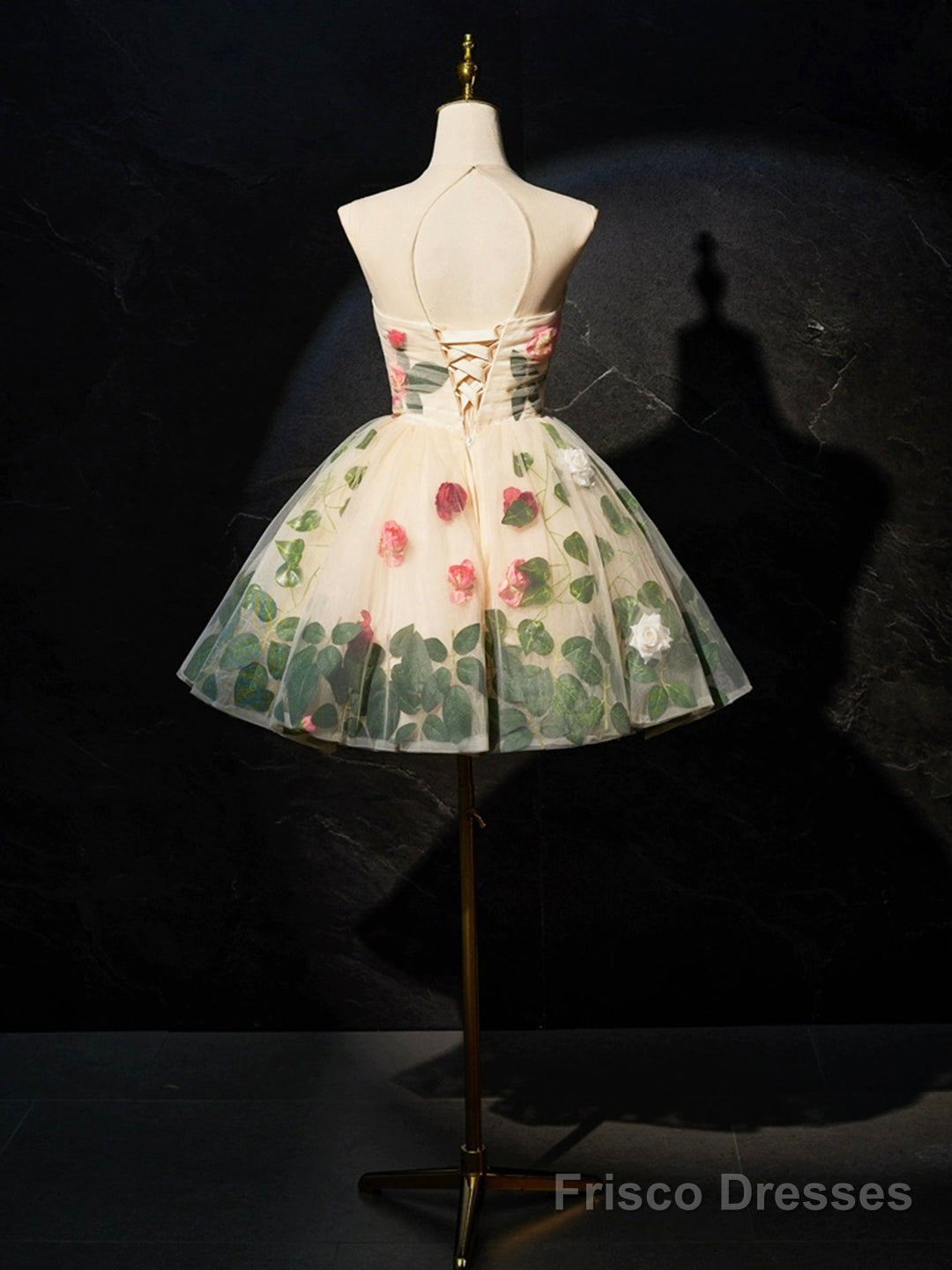 Champagne Scoop Neck Short Prom Dress with Flowers, Cute A-Line Party Dress