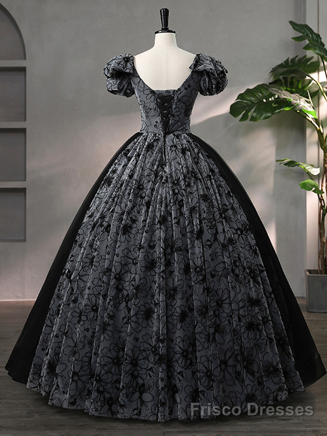 Beautiful Black Rhinestone Flower Prom Dress, Black V-Neck Short Sleeve Evening Dress