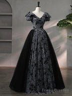Beautiful Black Rhinestone Flower Prom Dress, Black V-Neck Short Sleeve Evening Dress
