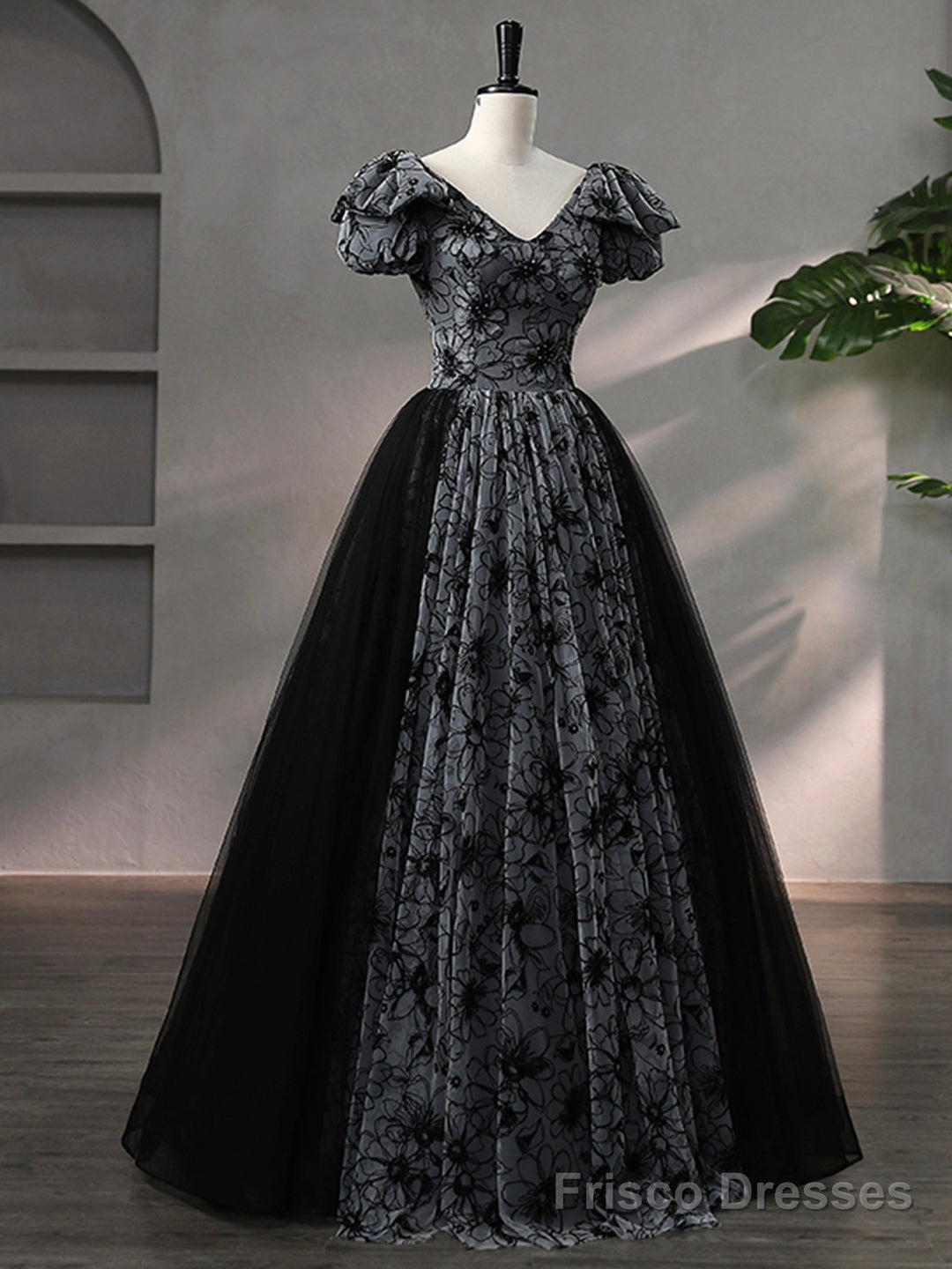 Beautiful Black Rhinestone Flower Prom Dress, Black V-Neck Short Sleeve Evening Dress