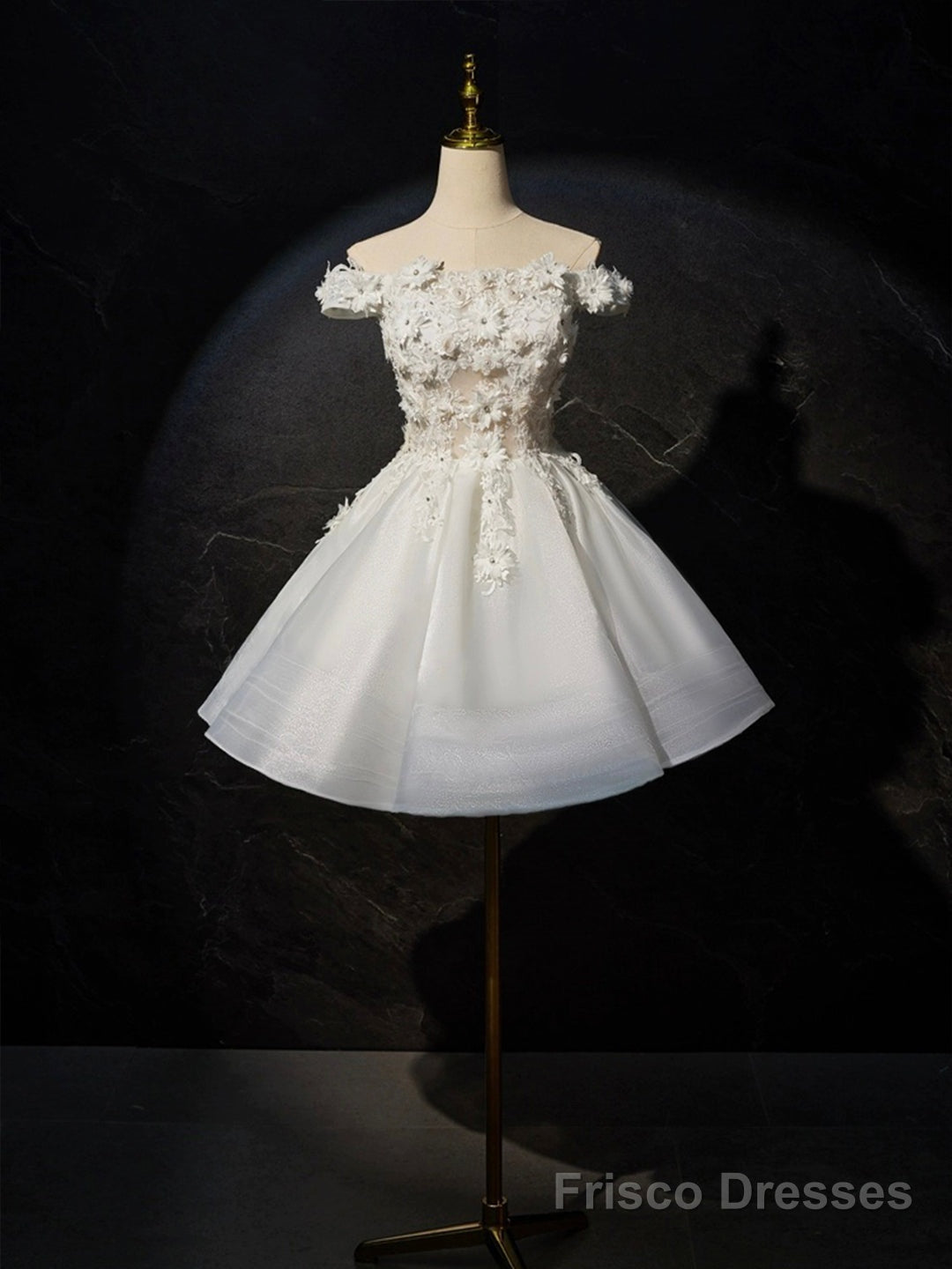 White Flowers Lace Short Prom Dress, Lovely A-Line Evening Party Dress