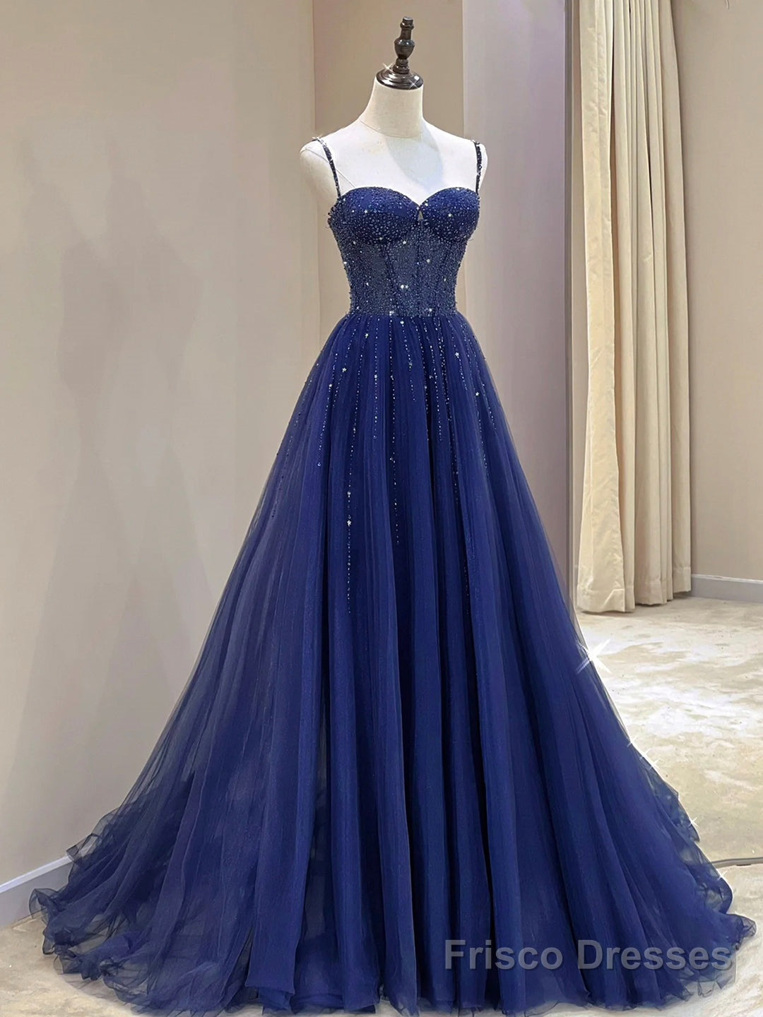 Blue Spaghetti Straps Tulle Beaded Long Formal Dress, Blue A-Line Evening Dress with Corset Main image