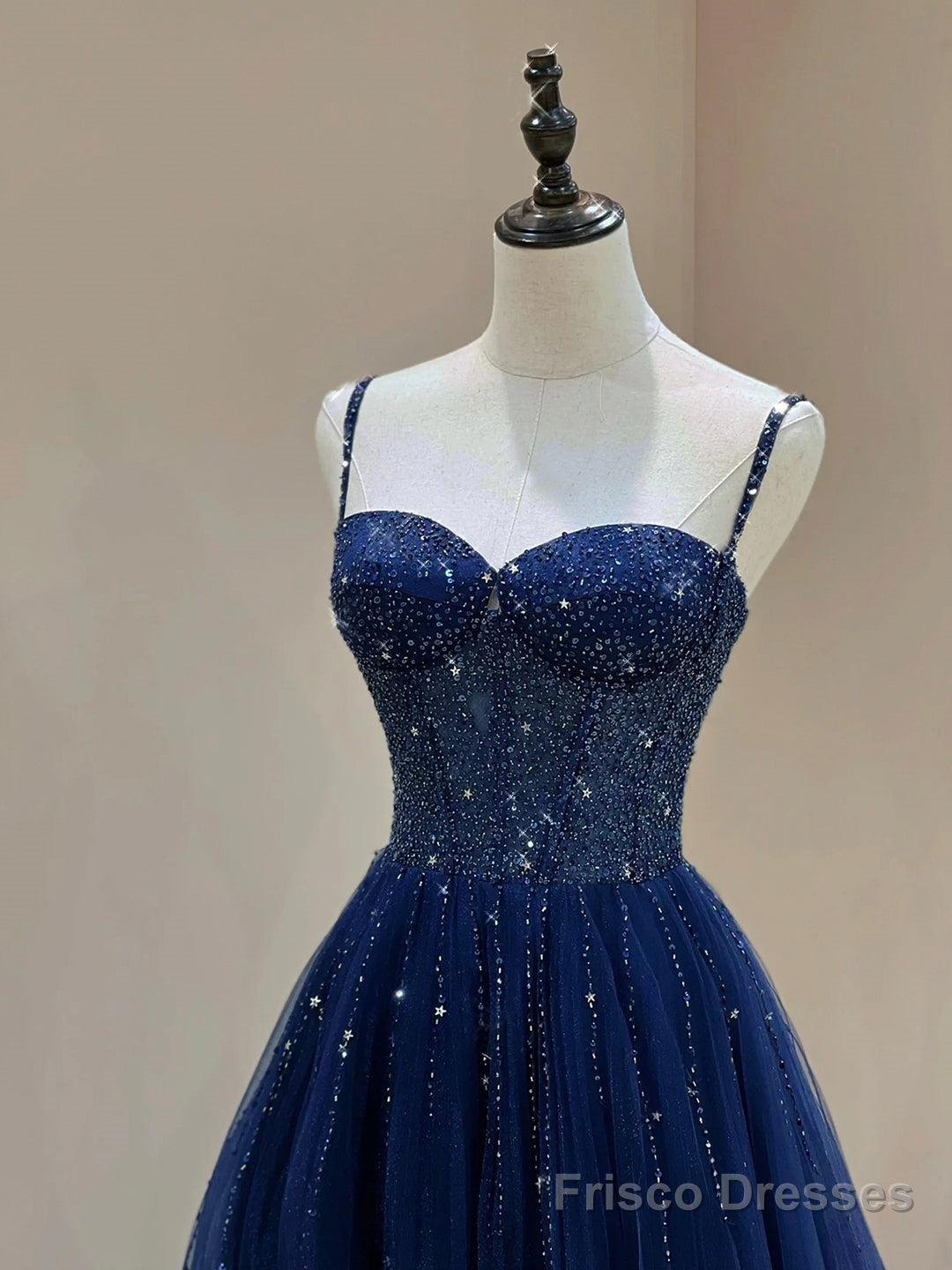 Blue Spaghetti Straps Tulle Beaded Long Formal Dress, Blue A-Line Evening Dress with Corset