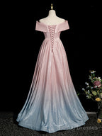 Pink Gradient Shiny Floor Length Prom Dress, Off Shoulder A-Line Evening Party Dress