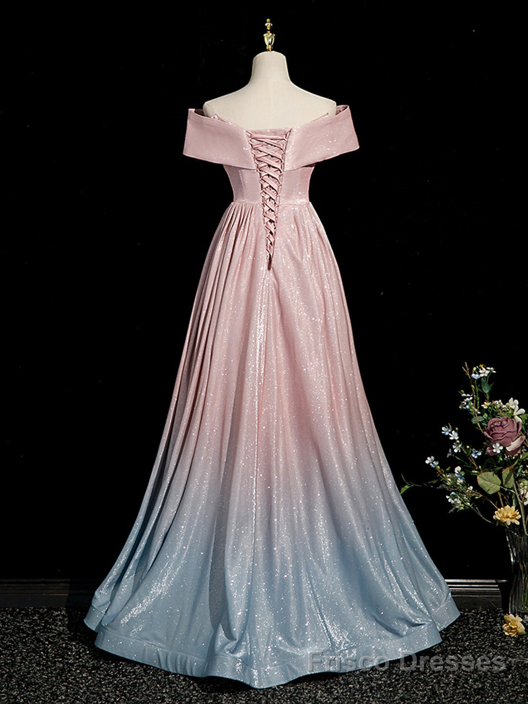 Pink Gradient Shiny Floor Length Prom Dress, Off Shoulder A-Line Evening Party Dress