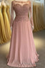 Illusion Neck Sweetheart Long Sleeves Beaded Appliques Long Formal Prom Dress