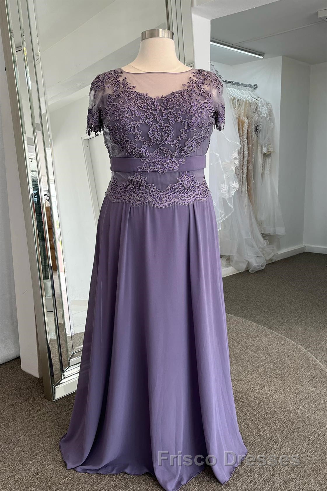 Illusion Neck Sweetheart Sleeves Beaded Appliques Long Formal Prom Dress with Sash