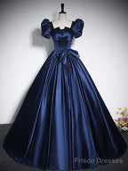 Elegant Blue Satin Floor-Length Prom Dresses, Square Neckline Puffy Short Sleeve Bow Formal Dresses