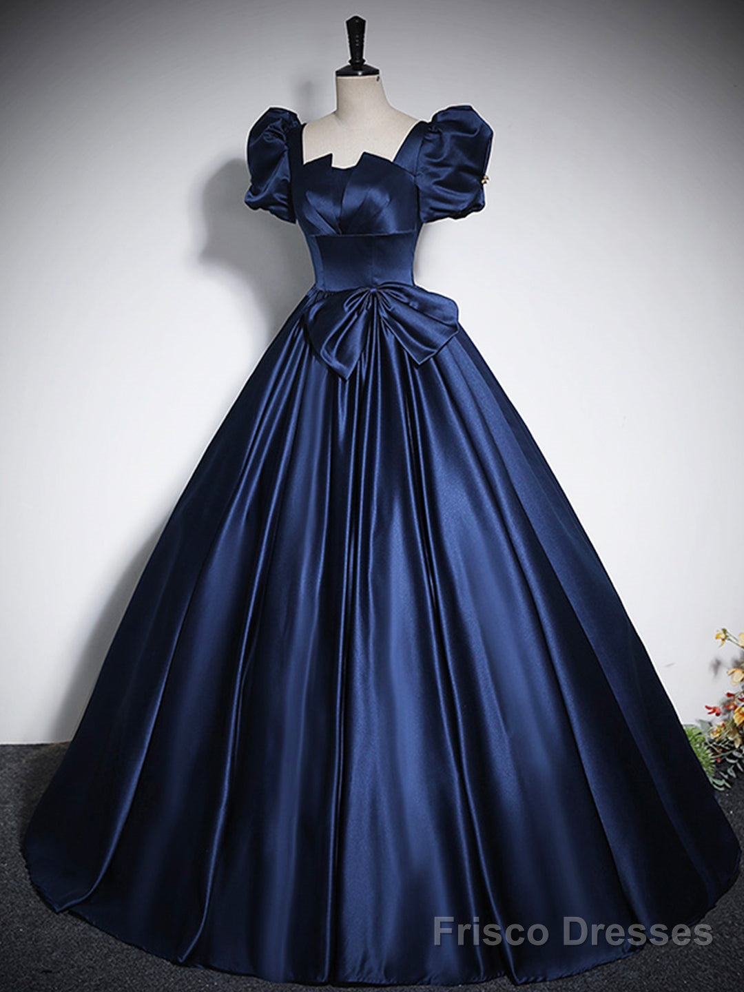 Elegant Blue Satin Floor-Length Prom Dresses, Square Neckline Puffy Short Sleeve Bow Formal Dresses Main image