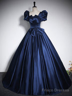 Elegant Blue Satin Floor-Length Prom Dresses, Square Neckline Puffy Short Sleeve Bow Formal Dresses