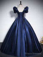 Elegant Blue Satin Floor-Length Prom Dresses, Square Neckline Puffy Short Sleeve Bow Formal Dresses