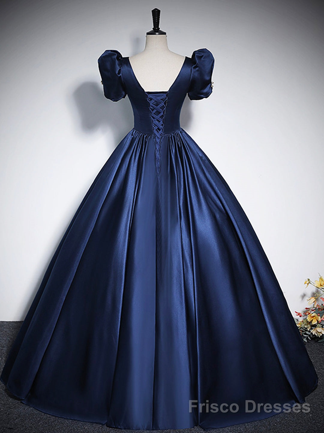 Elegant Blue Satin Floor-Length Prom Dresses, Square Neckline Puffy Short Sleeve Bow Formal Dresses