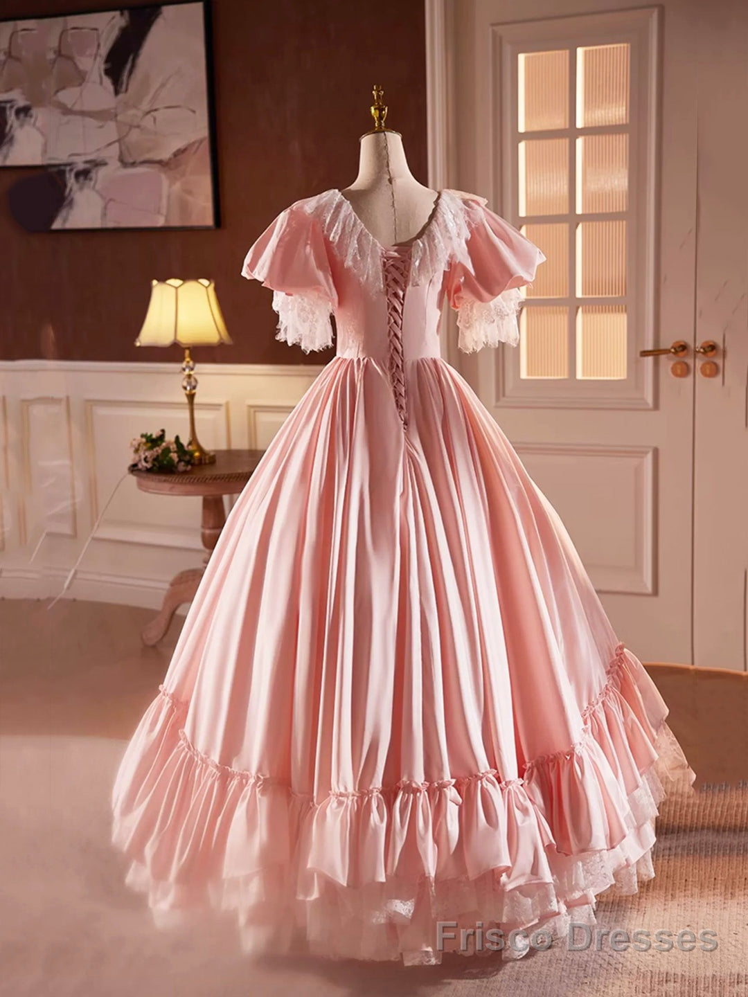 Pink Satin Lace Long Prom Dress, Beautiful A-Line V-Neck Evening Dress Secondary image