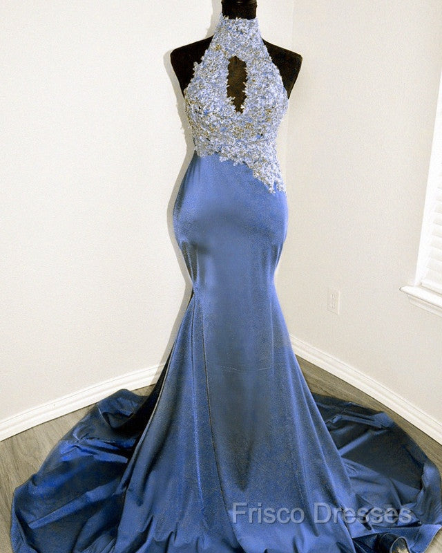 Magenta Mermaid Lace Applique Halter Formal Prom Dress Secondary image