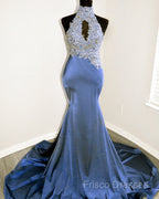 Magenta Mermaid Lace Applique Halter Formal Prom Dress