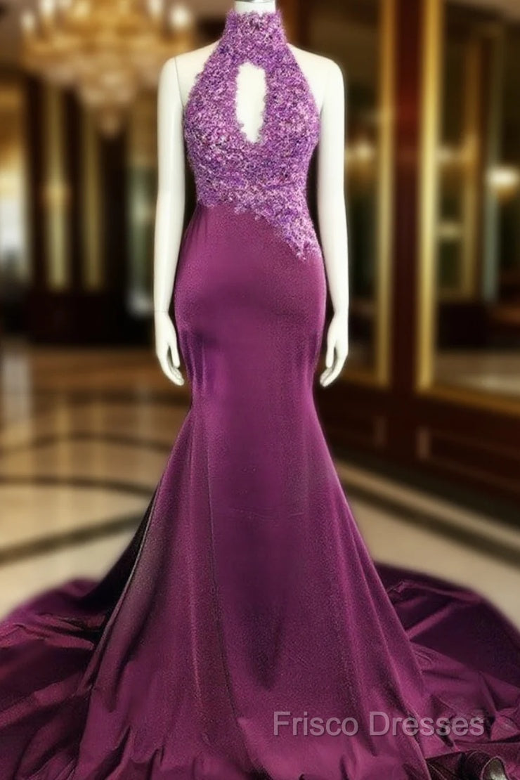 Magenta Mermaid Lace Applique Halter Formal Prom Dress Main image