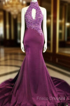 Magenta Mermaid Lace Applique Halter Formal Prom Dress