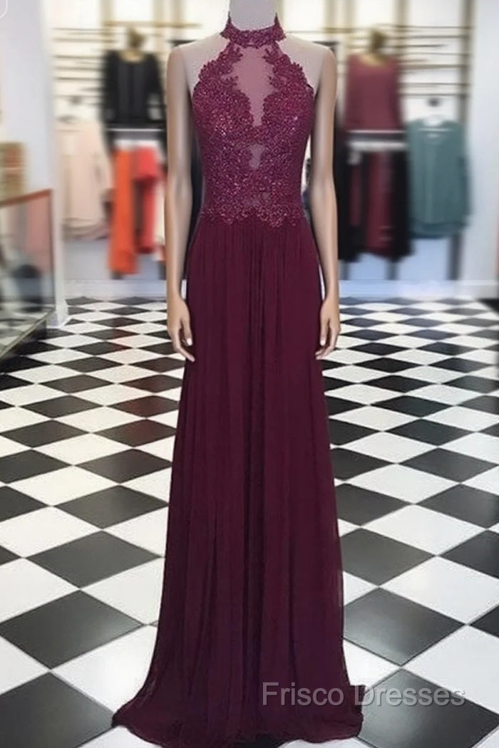 Maroon Hight Neck Lace Long Formal Prom Dress, Maroon Formal Dress Main image