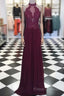 Maroon Hight Neck Lace Long Formal Prom Dress, Maroon Formal Dress