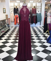 Maroon Hight Neck Lace Long Prom Dress, Maroon Evening Dress