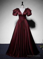 Maroon Satin Short Sleeves Low Back Long Prom Dress, Maroon Evening Dress