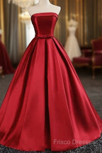 Maroon Satin Strapless Ball Gowns Quinceanera Dress