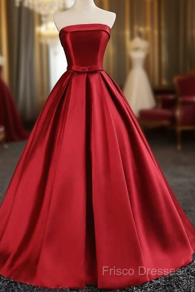 Maroon Satin Strapless Ball Gowns Quinceanera Dress
