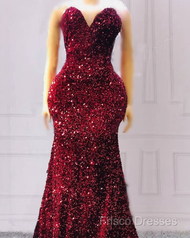 Maroon Sequin Formal Prom Dress Mermaid Strapless