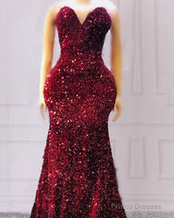 Maroon Sequin Prom Dresses Mermaid Strapless