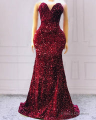 Maroon Sequin Prom Dresses Mermaid Strapless
