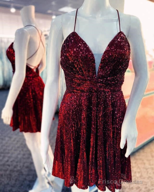 Maroon Sequin V-Neck Homecoming Dress Main image