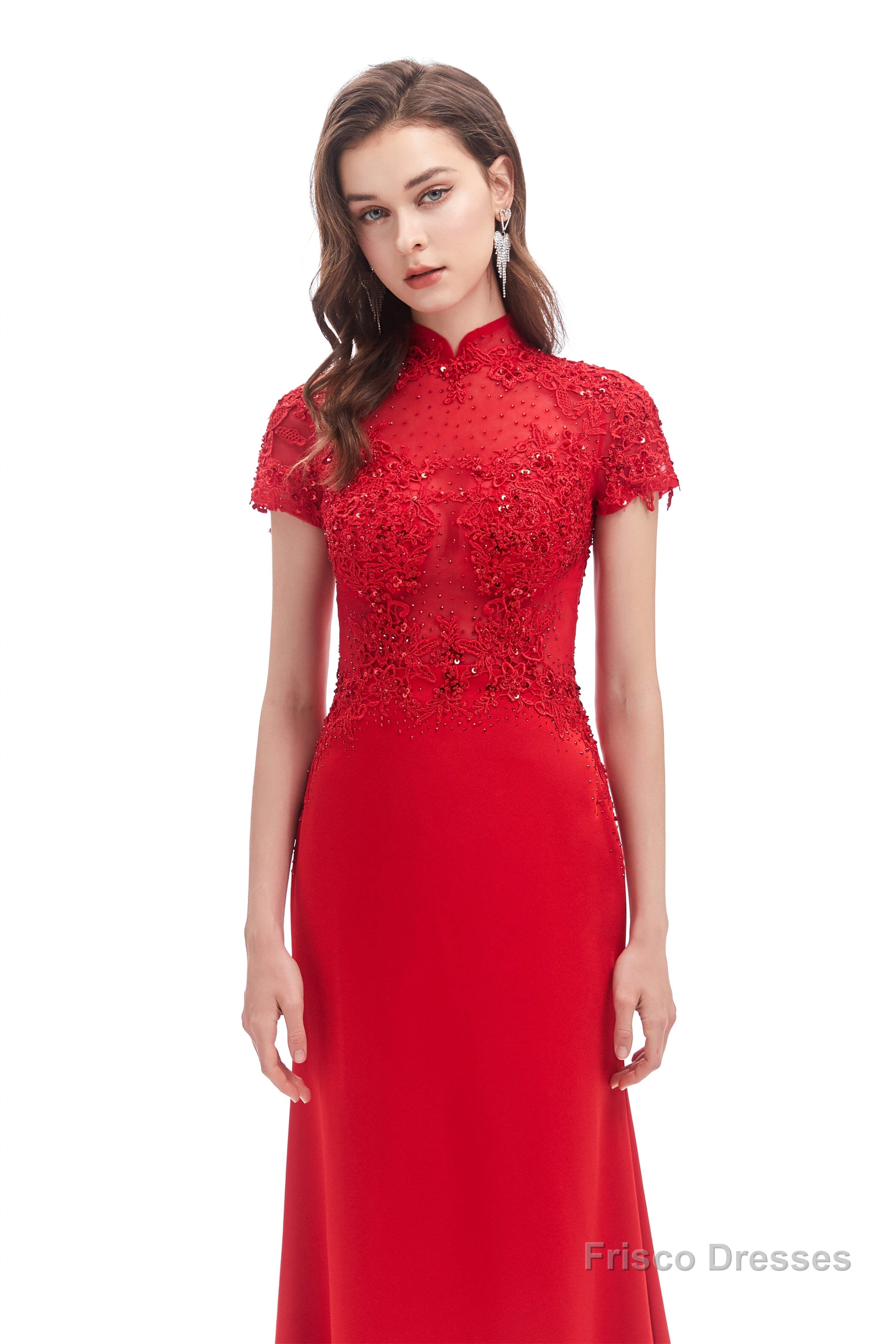 Mermaid Appliques Beading High Neck Short Sleeve Prom Dresses