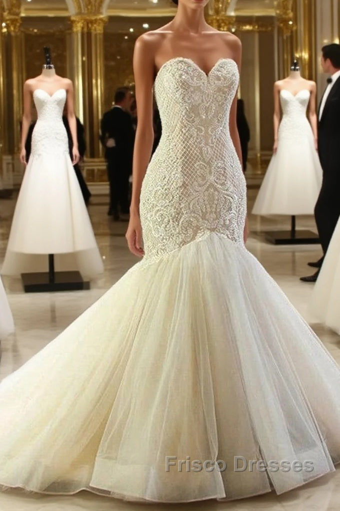 Mermaid Appliques Sweetheart Wedding Dress Sleeveless Tulle Pleated Bridal Gowns Main image