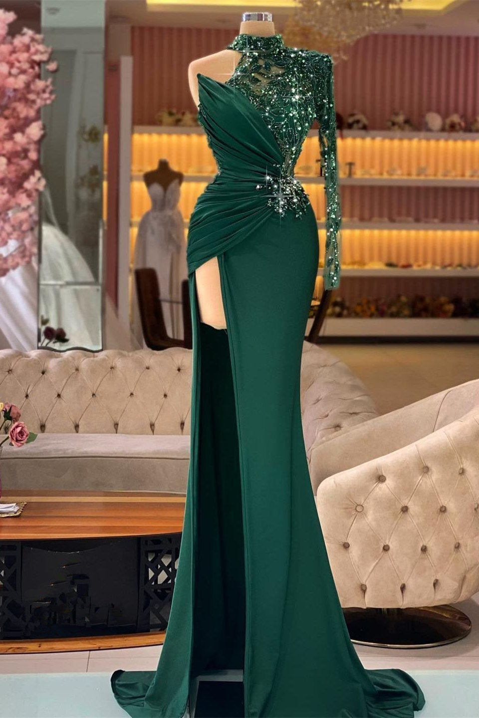 Mermaid Asymmetrical One Shoulder Sequined Floor-Length Long Sleeve Lace Applique Prom Dress Main image