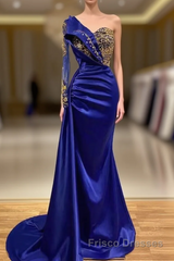 Mermaid Asymmetrical Sequined Floor-length Appliques Lace With Side Train Formal Prom Dresses