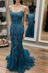 Mermaid Backless Dark Teal Lace Long Formal Prom Dress