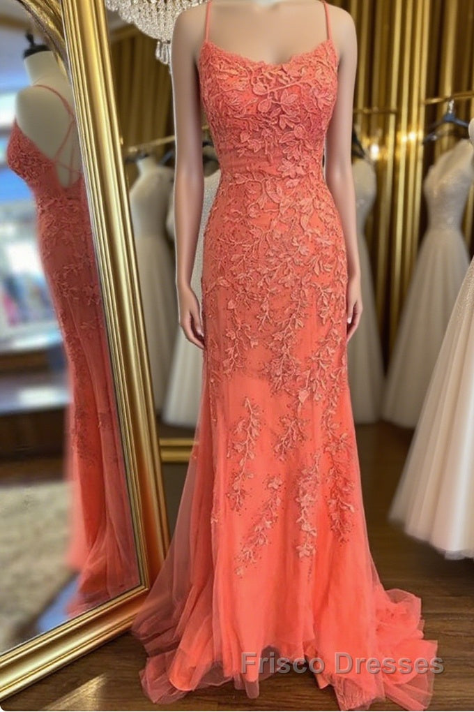 Mermaid Backless Orange Lace Long Formal Prom Dresses, Mermaid Orange Lace Formal Dresses, Orange Lace Evening Dresses
