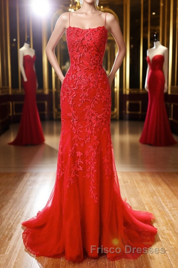 Mermaid Backless Red Lace Long Formal Prom Dresses, Mermaid Red Formal Dresses, Red Lace Evening Dresses Main image